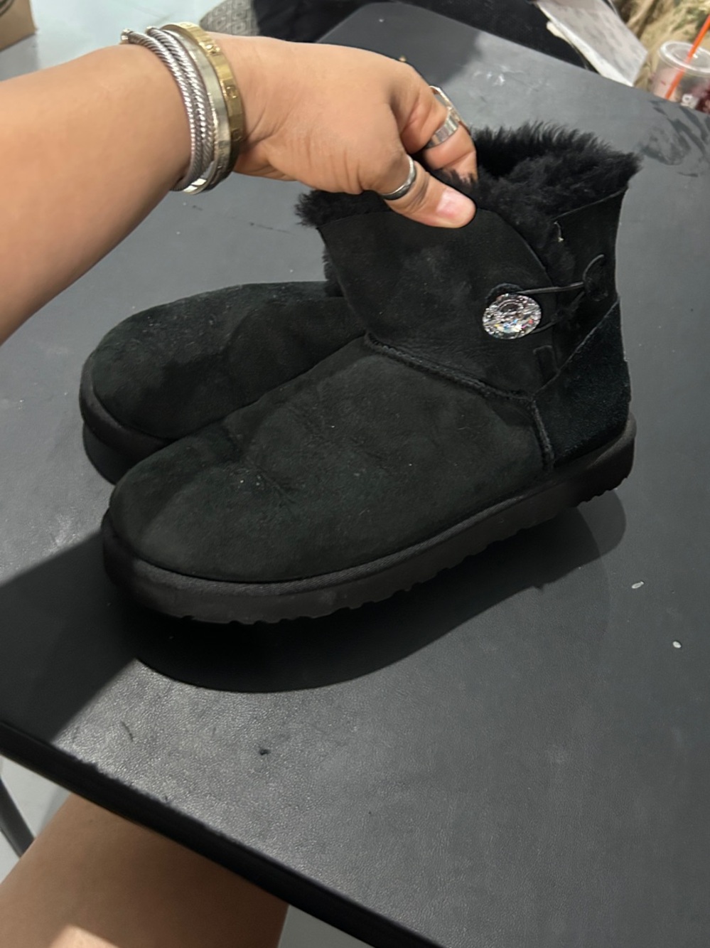 UGG Black Short Shearling Boot with Decorative Button 10